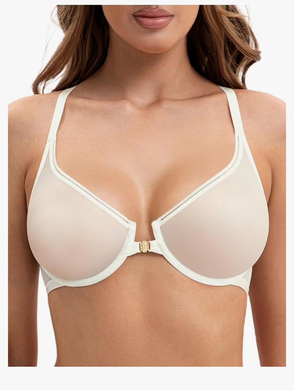 Deyllo BNWT Front Closure Mesh Bra Underwire Plunge Unlined - Ivory 34DD